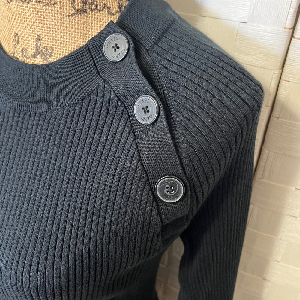 Chaps Ribbed Knit Y2k Top Button Accent Long Sleeve Black Sweater Size L - Picture 3 of 7